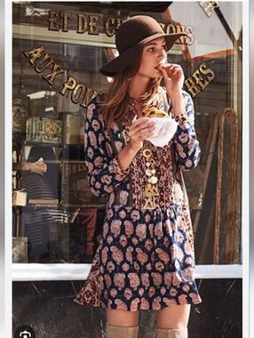 Boho Floral Navy Mini Dress with Mixed Print